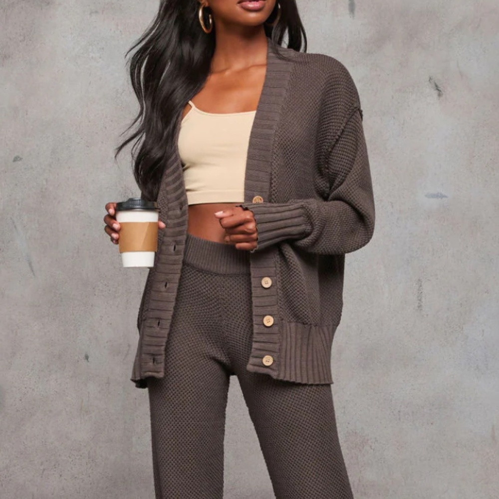 VICI Find The Calm Front Button Textured Knit Cardigan Charcoal L